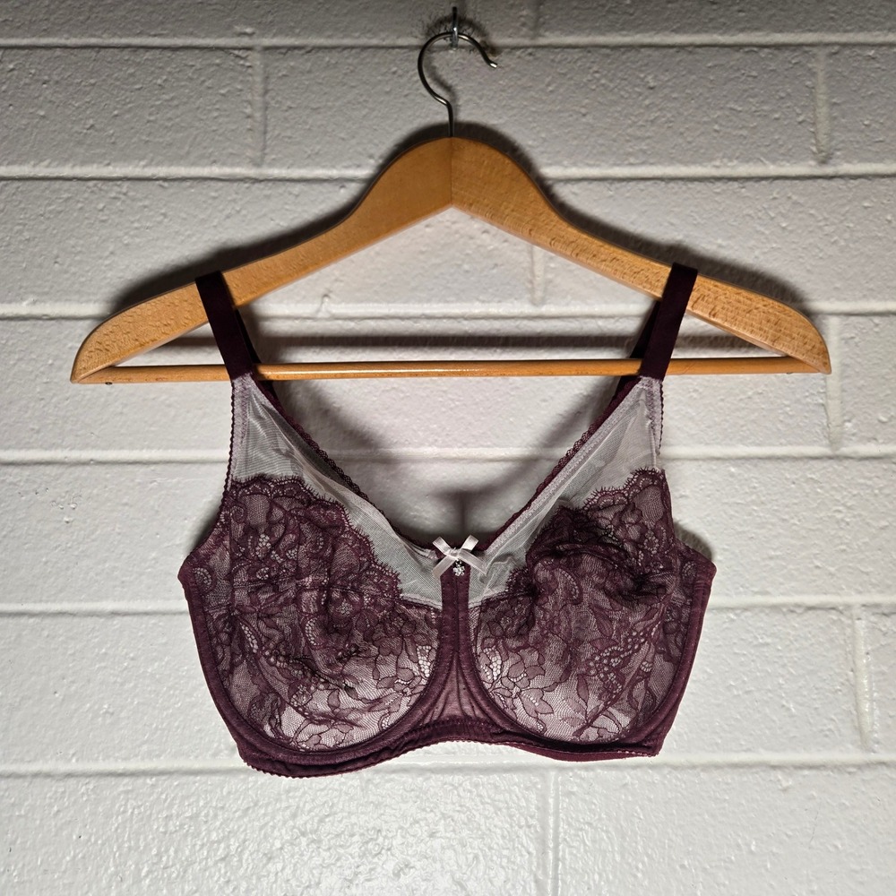 Wacoal‎ Lace Underwire Bra 34DDD Burgundy Floral Mesh Coverage Romantic Lingerie